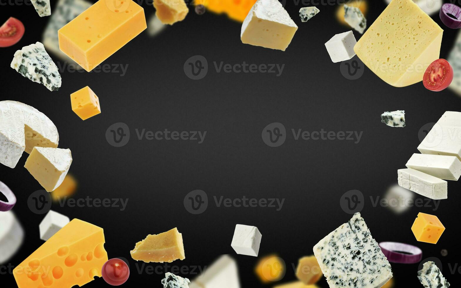 Käse Rahmen auf schwarz Hintergrund, anders Typen von Käse foto