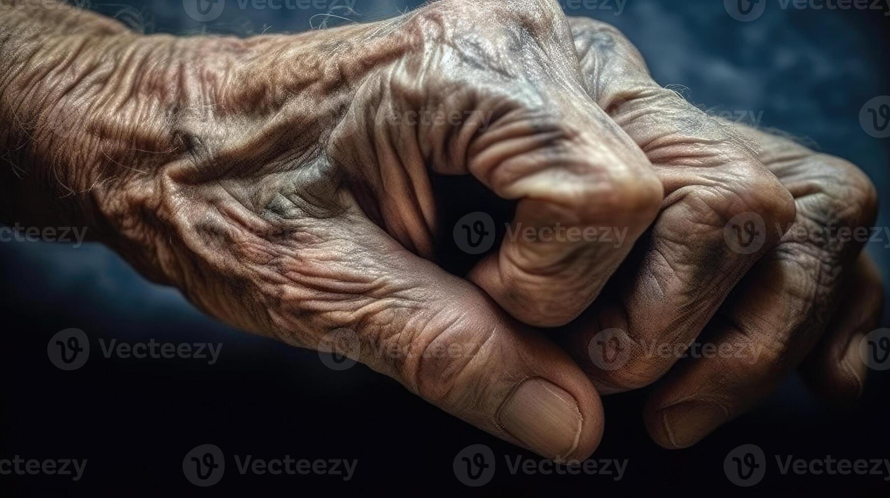 ein alt Personen Hände aussehen faltig, voll Detail. ai generiert foto