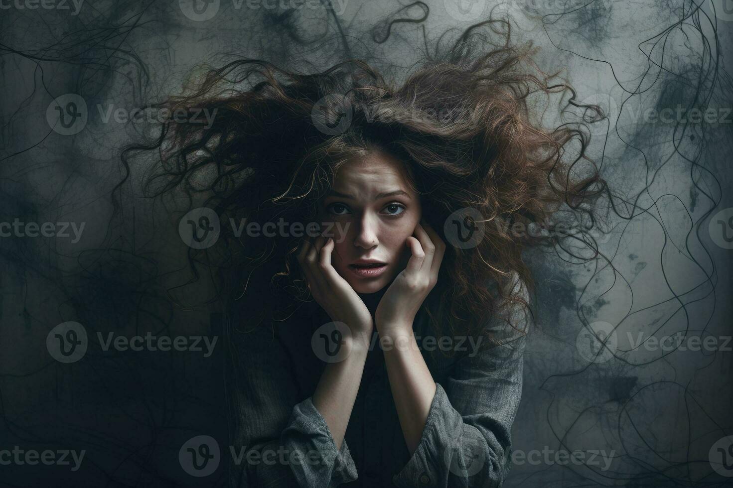 Frau mit großartig mental betonen, Angst und Depression. generativ ai foto