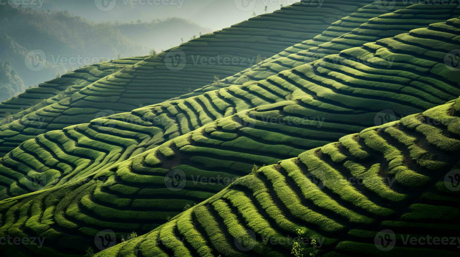 ai generiert Grün Tee Plantage, oben Aussicht Textur foto