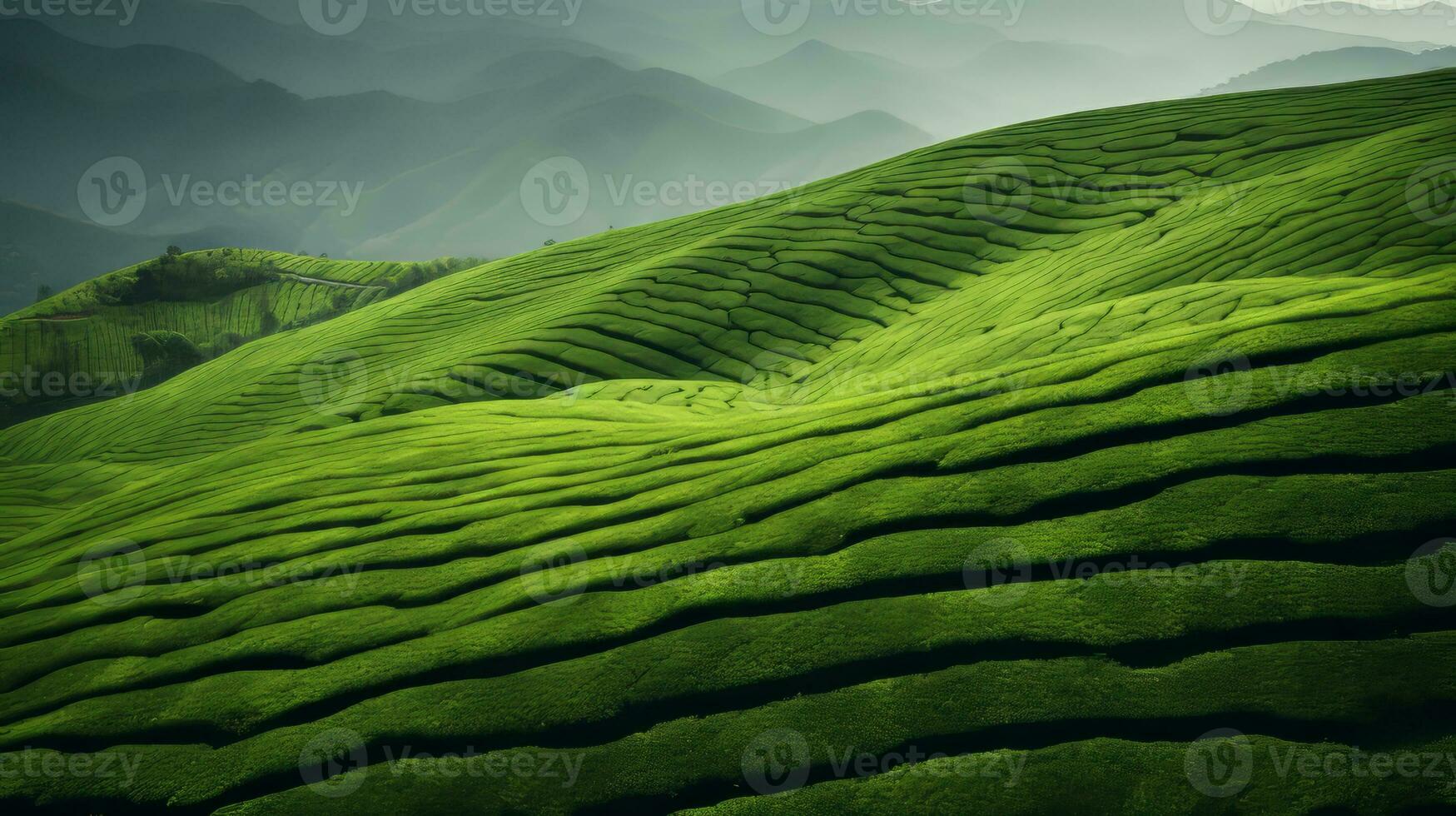 ai generiert Grün Tee Plantage, oben Aussicht Textur foto