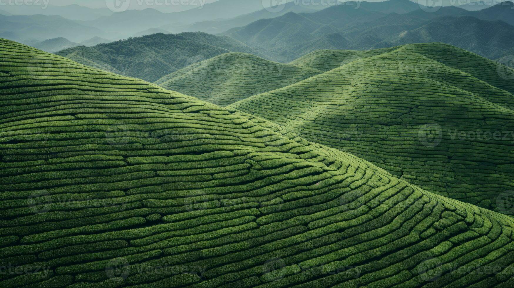 ai generiert Grün Tee Plantage, oben Aussicht Textur foto