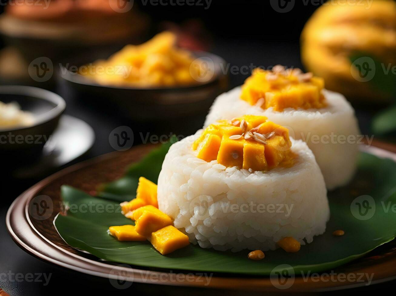 Süss klebrig Reis mit Mango und Kokosnuss Milch auf schwarz Hintergrund, thailändisch Nachtisch. generativ ai foto