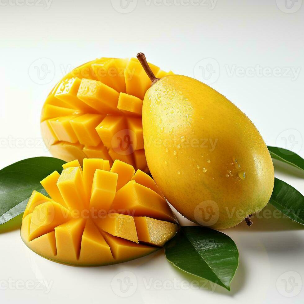 Nahansicht Foto von frisch Mango Blumen auf ein isoliert Weiß Hintergrund generativ ai