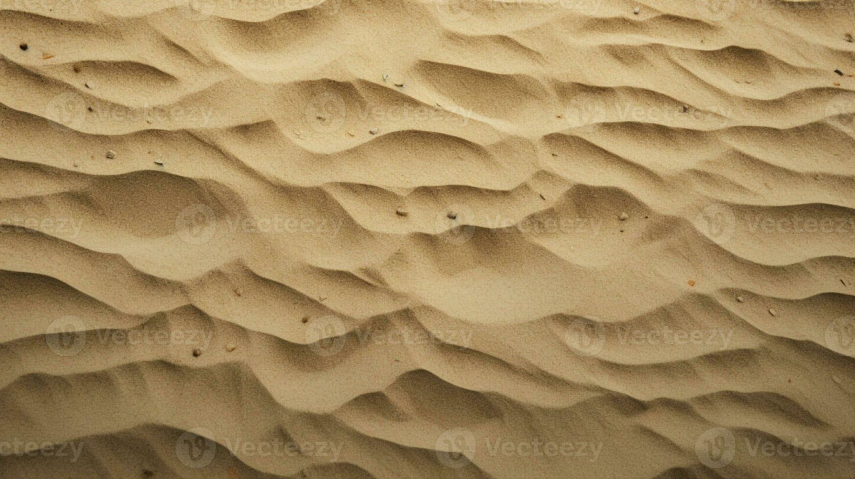 oben Aussicht von sandig Strand. Hintergrund mit Kopieren Raum und sichtbar Sand Textur generativ ai foto