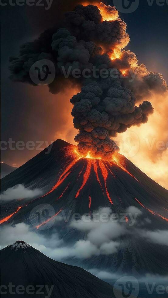 ai generativ Vulkan Eruption mit fest hoch platzt von Lava und heiß Wolken hochfliegend hoch in das Himmel, pyroklastisch fließen im Asien Krakatau foto