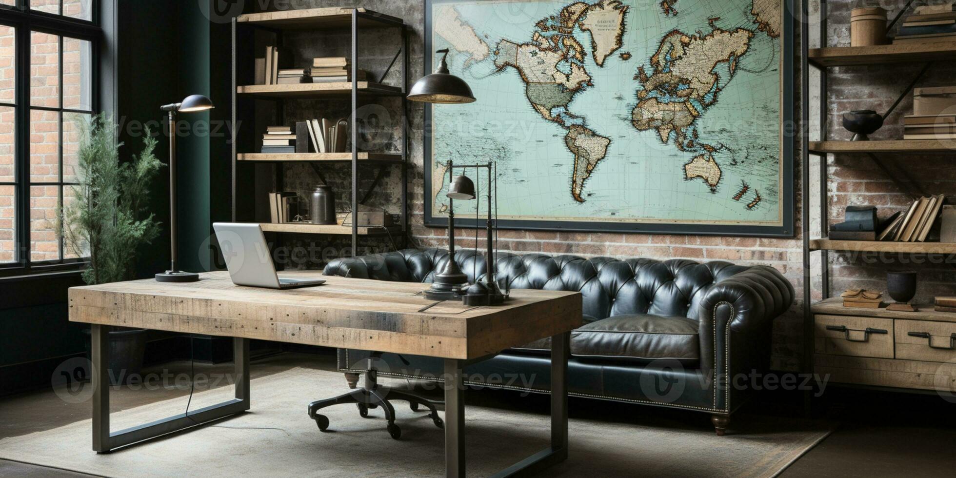 ai generiert im industriellen Stil Zuhause Büro mit ein zurückgefordert Holz Schreibtisch Design und ein Bücherregalai foto
