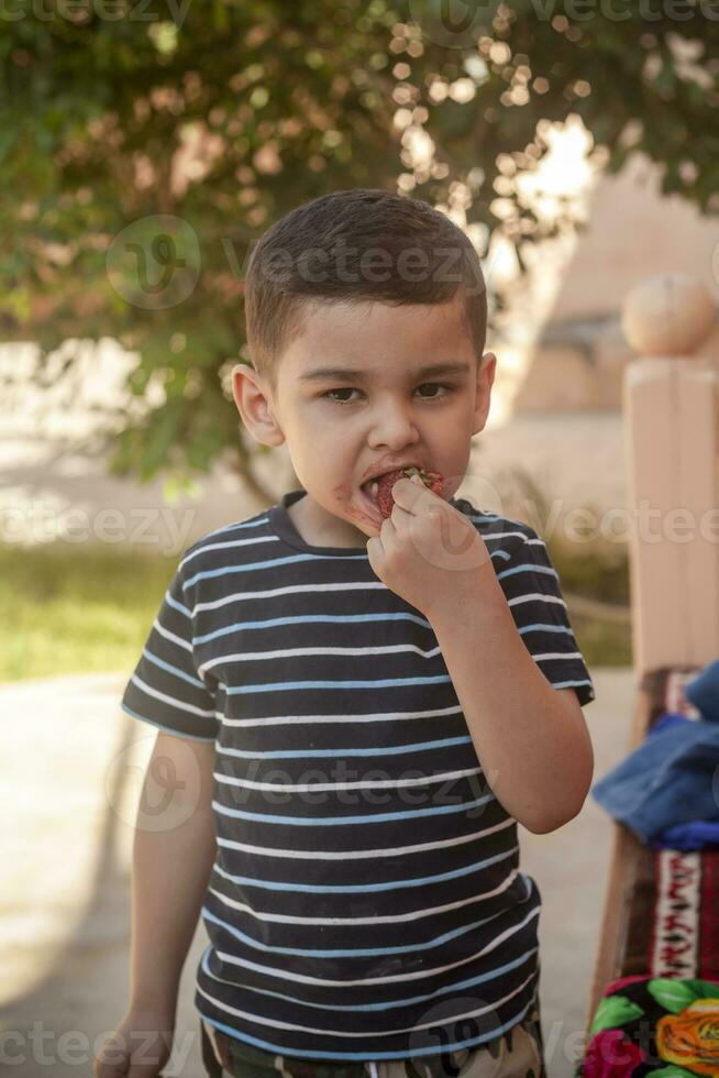 ein wenig Junge Essen Erdbeeren. Sommer- Lebensmittel. ein jung Kind isst ein lecker Erdbeere im heiß Sommer- Tag foto