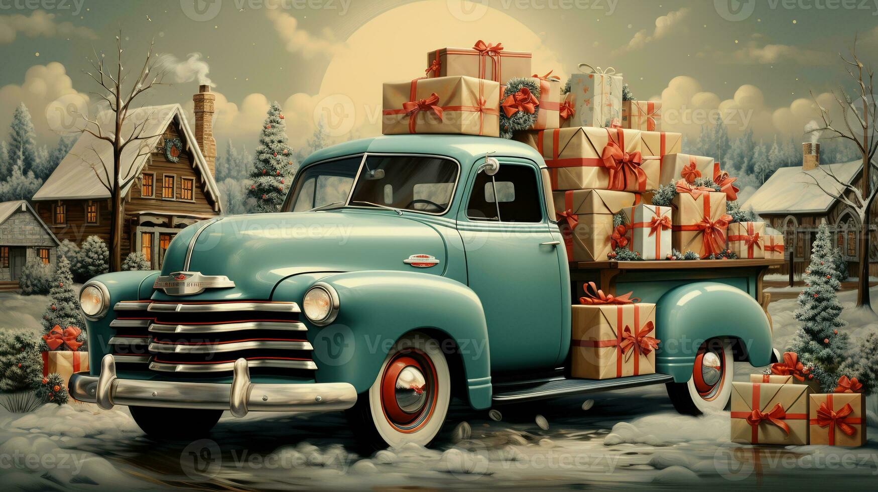 ai generiert generativ ai, Jahrgang Weihnachten Auto mit viele Geschenke, Blau und rot Farben. Gruß Weihnachten Karte, Winter Ferien foto