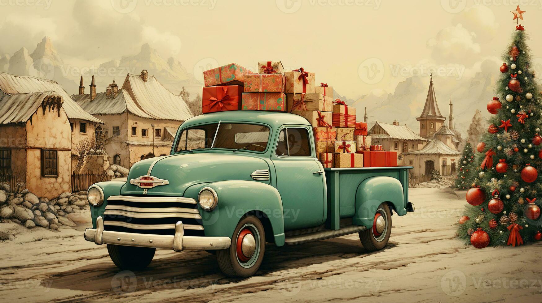 ai generiert generativ ai, Jahrgang Weihnachten Auto mit viele Geschenke, Blau und rot Farben. Gruß Weihnachten Karte, Winter Ferien foto