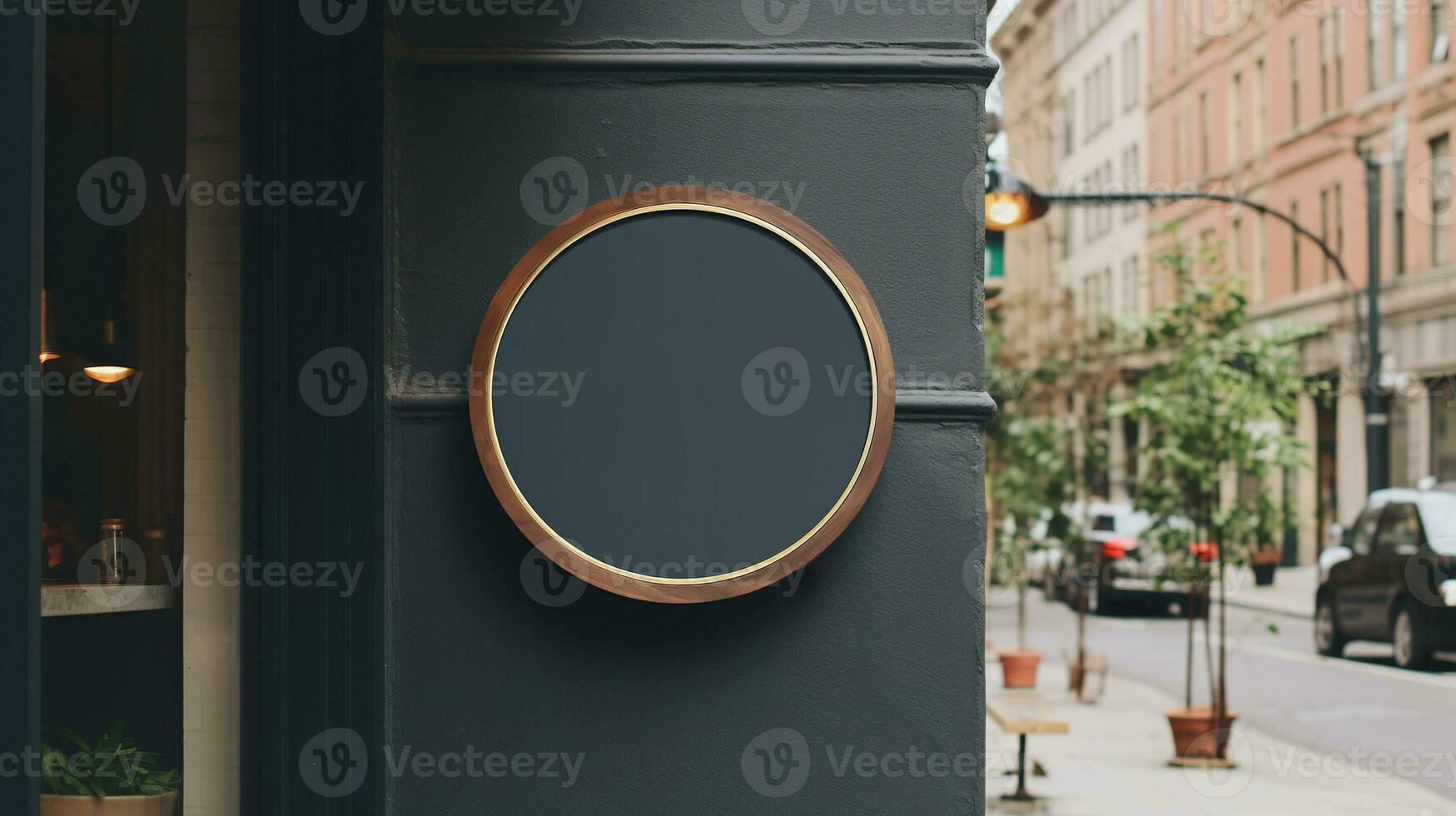 ai generiert generativ ai, Kaffee Geschäft Straße Schild spotten oben zum Logo Design, Marke Präsentation, ästhetisch stumm geschaltet neutral Farben, auf das Mauer draussen foto