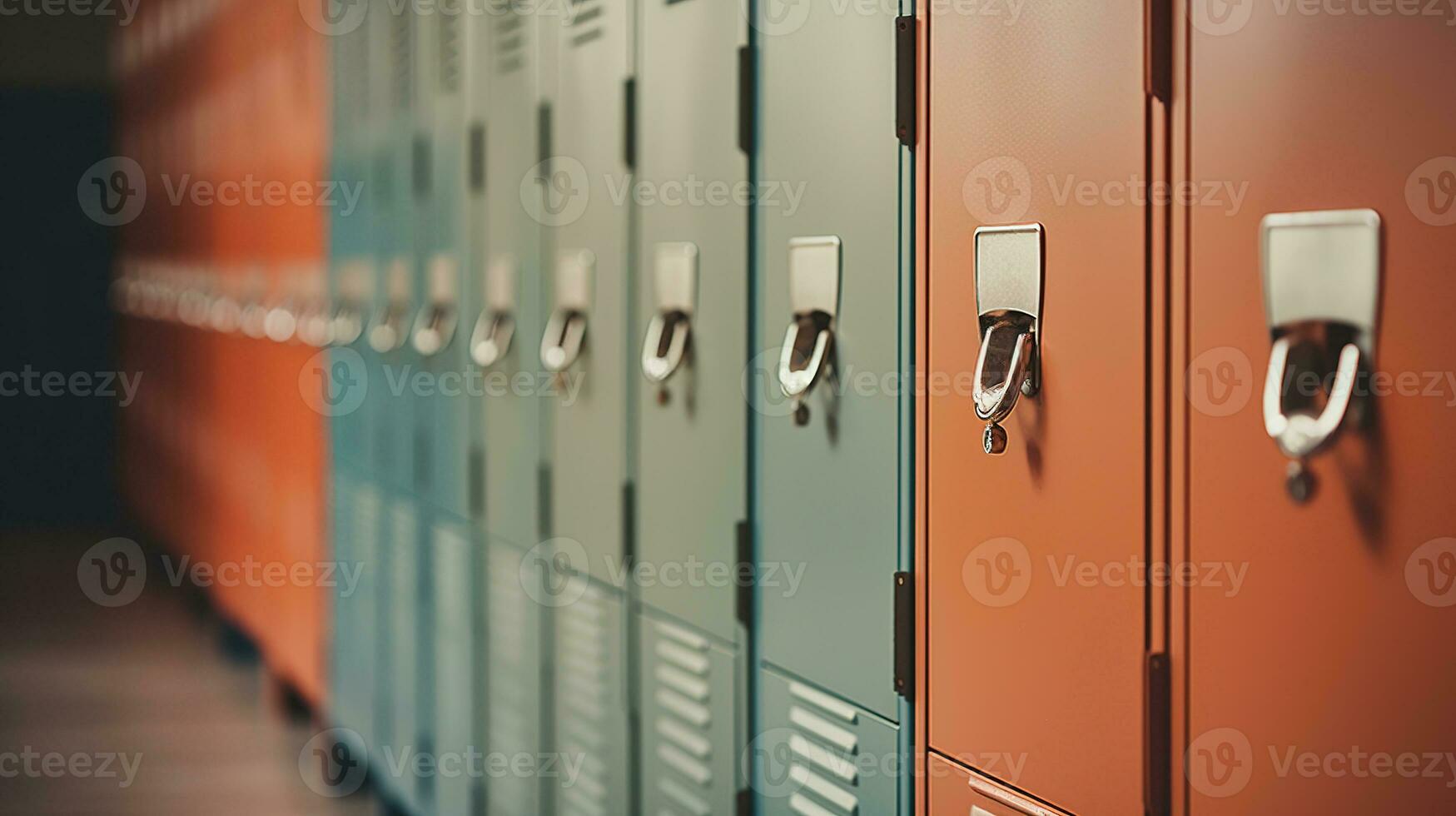 ai generiert generativ ai, Reihe von hoch Schule Schließfächer im das Flur, Schließfach Zimmer foto