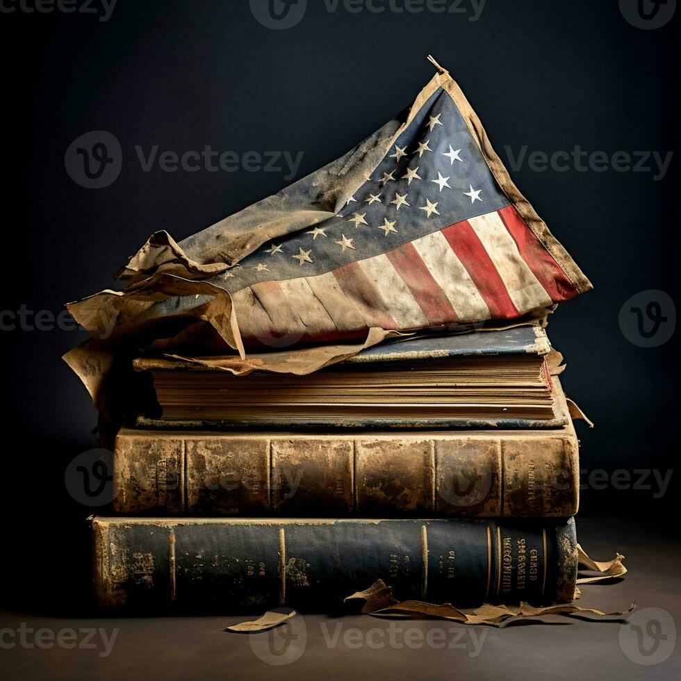 schließen oben Aussicht von Bücher auf amerikanisch Flagge, ai generativ foto