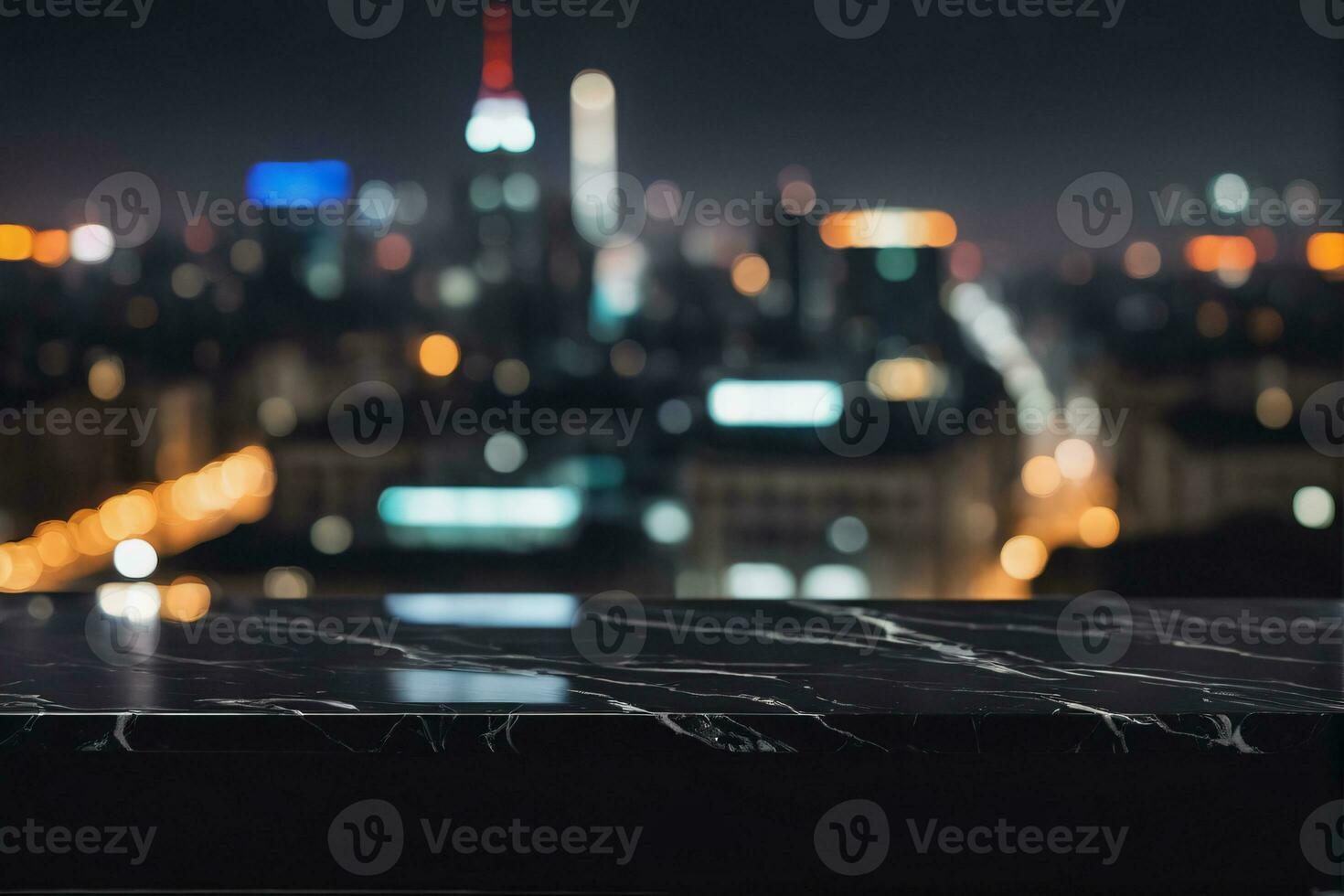 ai generiert leeren schwarz Marmor Tabelle mit verschwommen Stadt Wolkenkratzer scape Aussicht Landschaft Hintergrund beim Nacht ai generiert foto