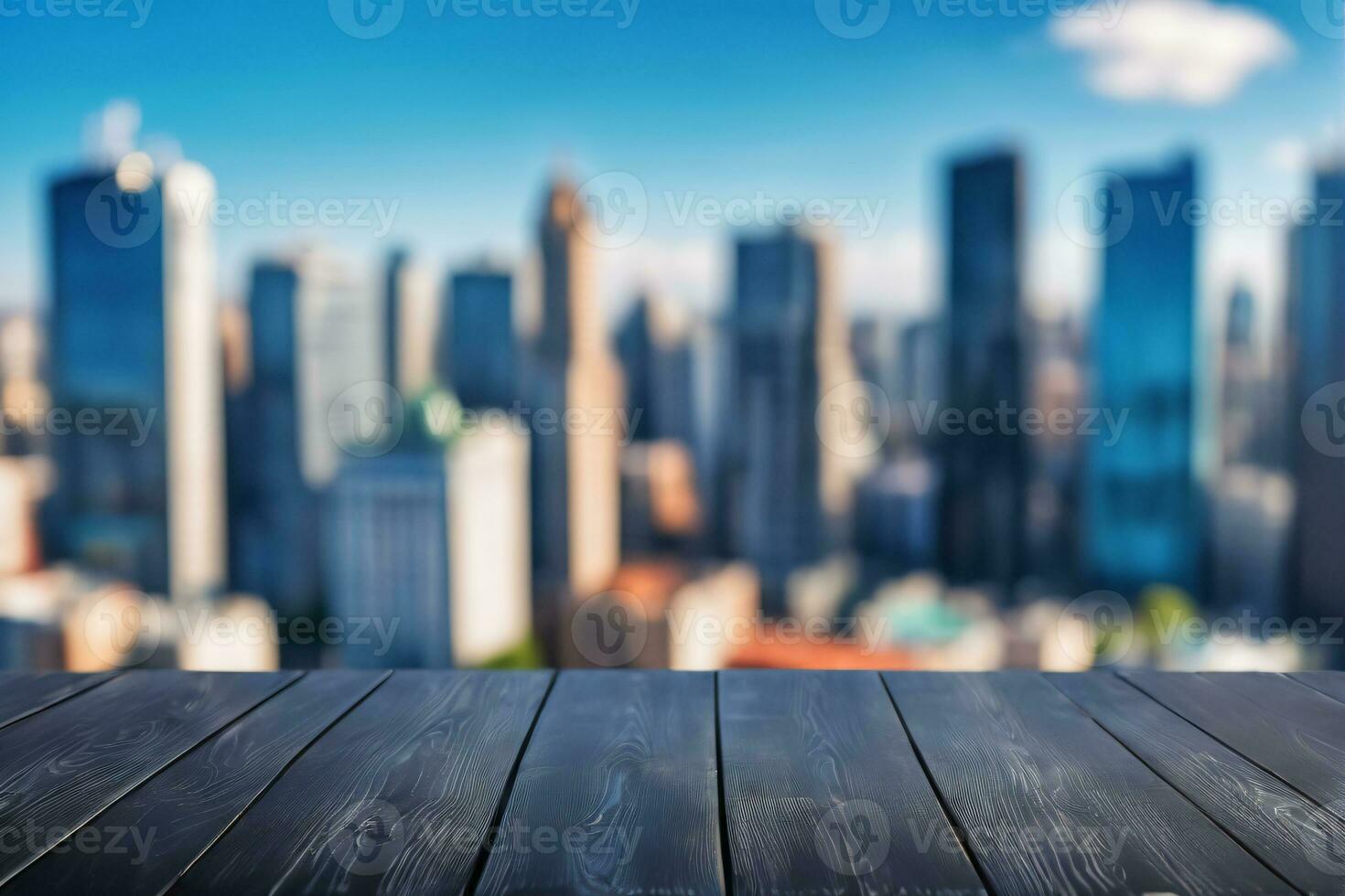 ai generiert leeren schwarz hölzern Tabelle mit verschwommen Stadt Wolkenkratzer scape Aussicht Landschaft Hintergrund ai generiert foto