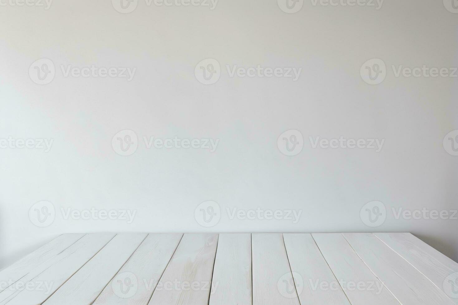 ai generiert leeren Weiß hölzern Tabelle mit Weiß sauber Mauer Hintergrund ai generiert foto