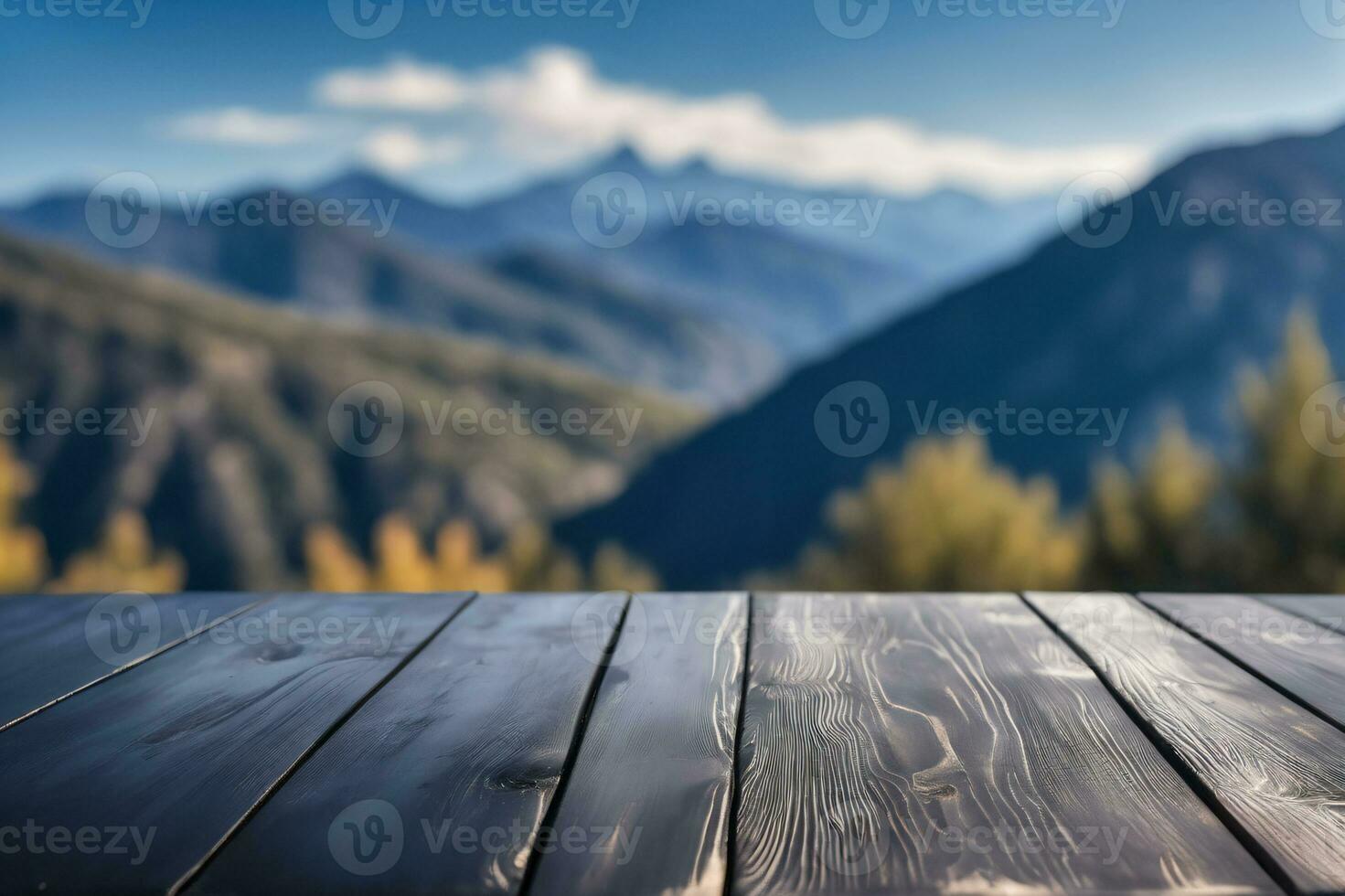 ai generiert leeren schwarz hölzern Tabelle mit verschwommen Berge Gipfel und Hügel Aussicht Landschaft Hintergrund ai generiert foto