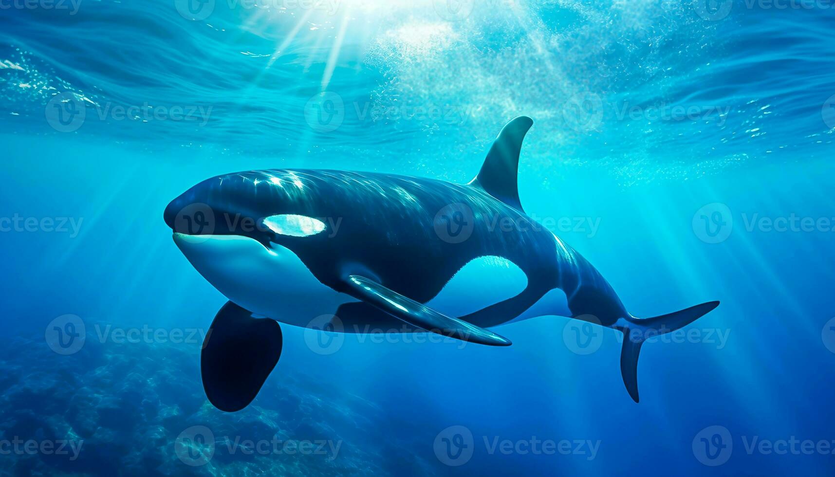 Mörder Wal orcinus Orca unter Wasser schließen oben suchen zum Beute ausgesetzt zu Sonnenlicht foto