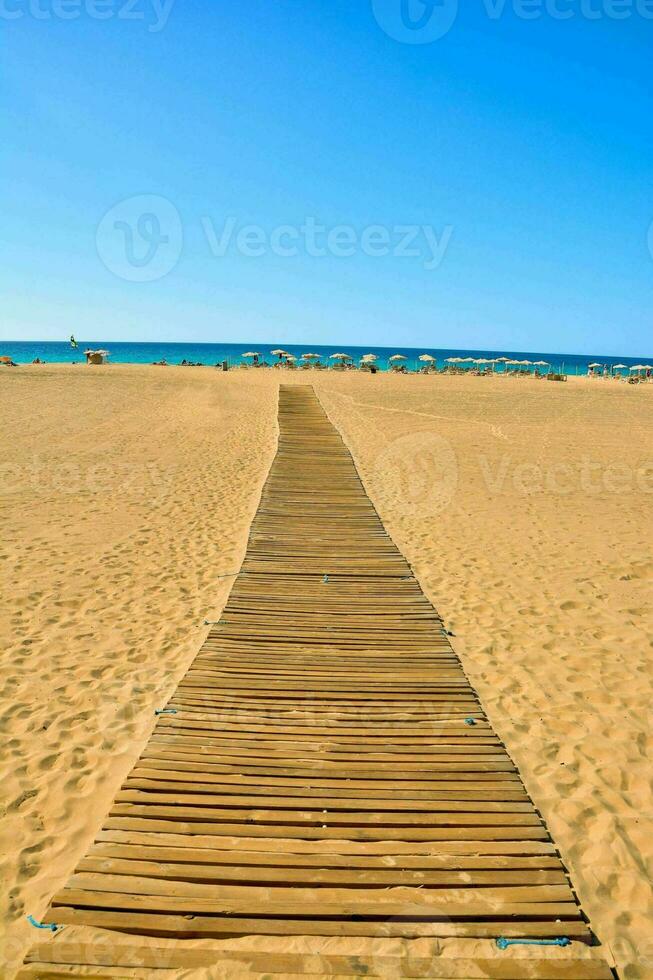 ein hölzern Gehweg führt zu das Strand auf ein sonnig Tag foto