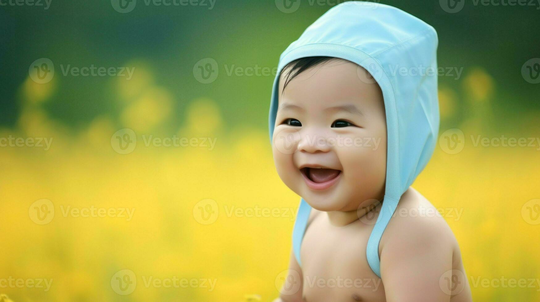 Nahansicht Foto von ein wenig Baby Lachen. generativ ai