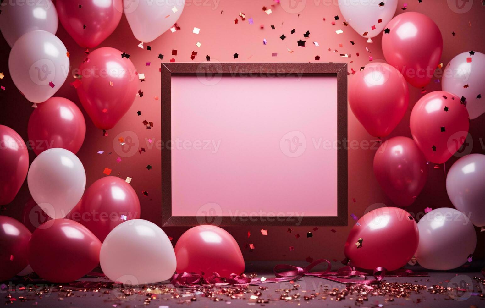 Weiß Rahmen mit Rosa Luftballons und Konfetti auf Rosa Hintergrund. Baby Dusche Feier ai generiert foto