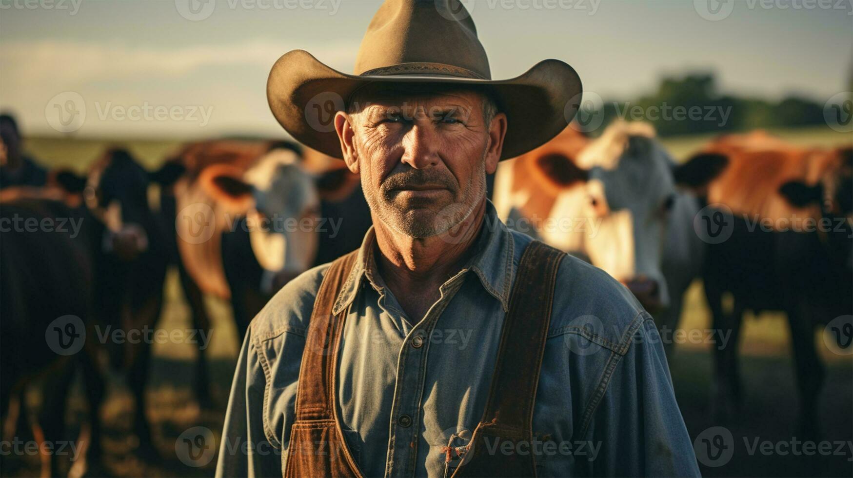 Farmer Stehen im Vorderseite von Herde von Kühe beim Sonnenuntergang. Fokus auf Mann ai generiert foto