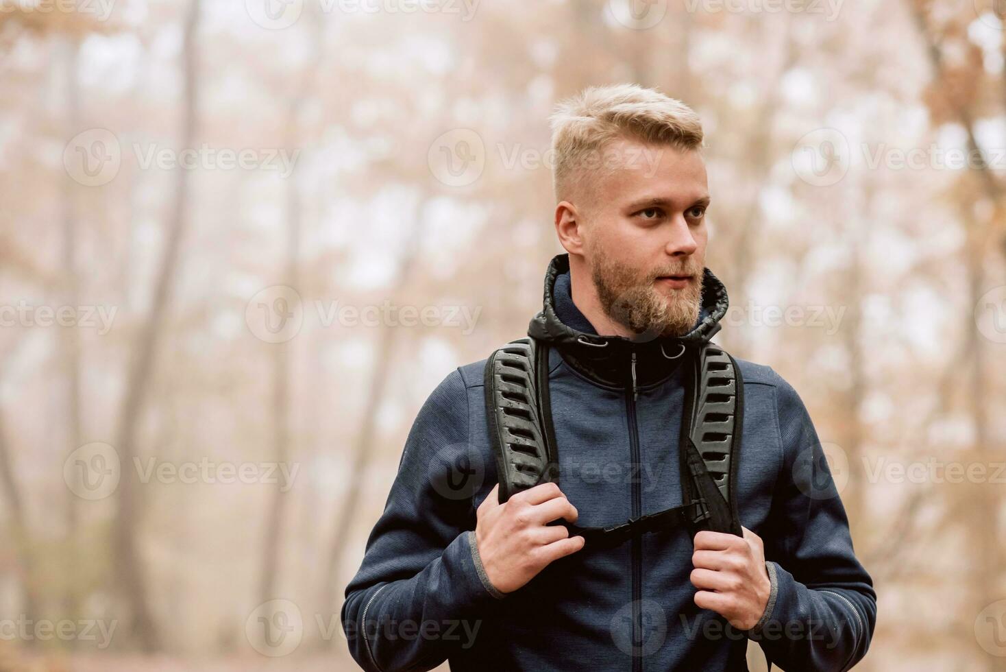 ein Mann Reisen im ein nebelig Herbst Wald foto