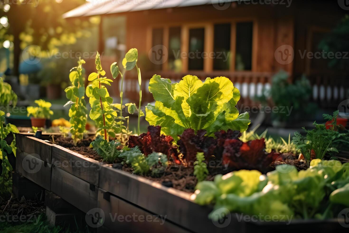 ein zeitgenössisch Garten, hölzern angehoben Betten sind benutzt zu wachsen Gemüse ai generativ foto