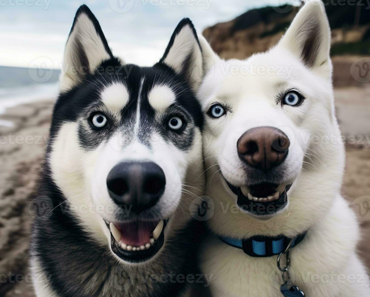 ai generiert Porträt von zwei schön sibirisch heiser Hunde auf das Strand foto