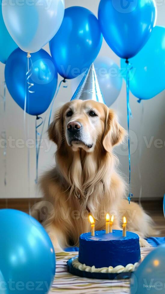 golden Retriever Hund mit Geburtstag Kuchen und Blau Luftballons beim heim. generativ ai foto
