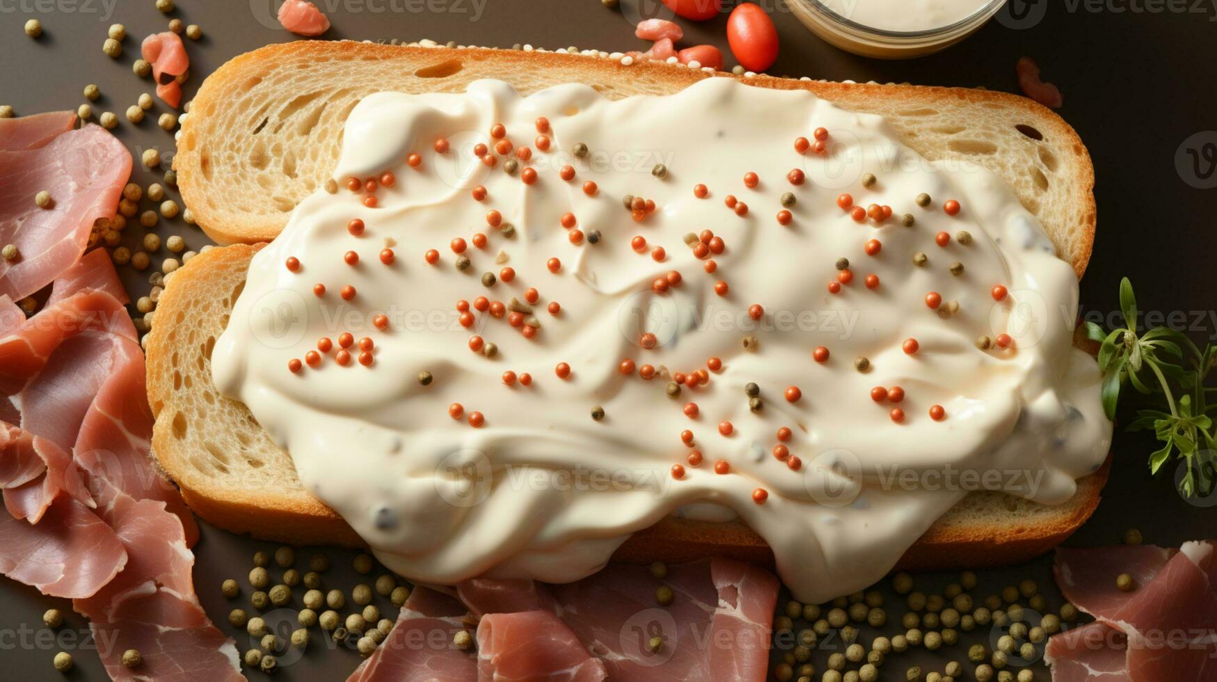 Brot Toast Rindfleisch geräuchert Mayonnaise Sahne ai generiert foto