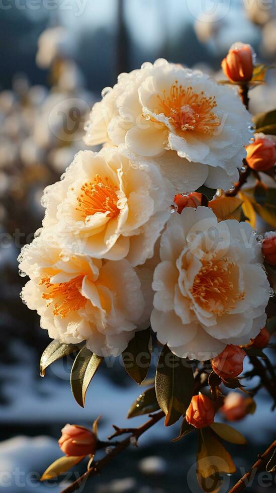 Kamelie Blume auf Winter Schnee Abend Sonne ai generiert foto