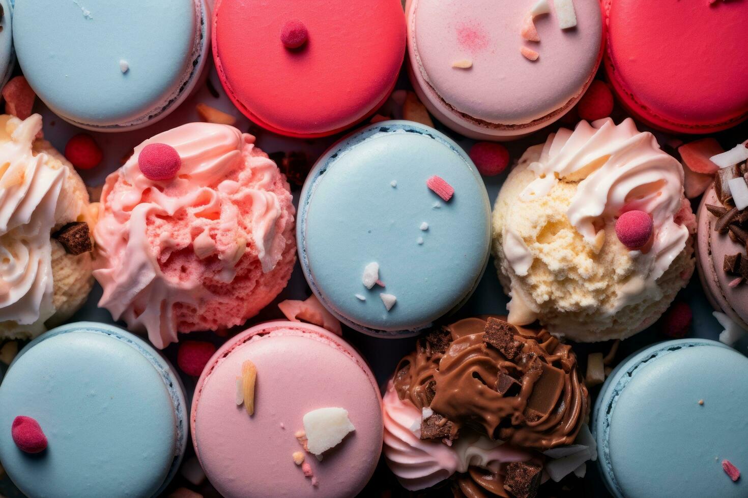 bunt Macarons auf ein dunkel Hintergrund Lager Foto generativ ai