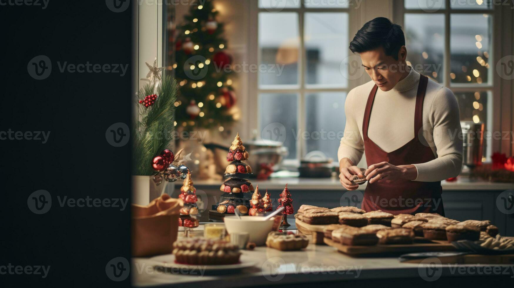 ai generiert Multy etjnisch Mann und Frau Backen, vorbereiten festlich Abendessen im modern Küche mit Weihnachten Dekorationen foto