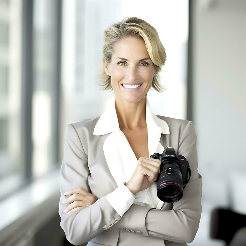 Porträt von ein erfolgreich Geschäftsfrau Stehen im ein modern Büro. ai generiert foto