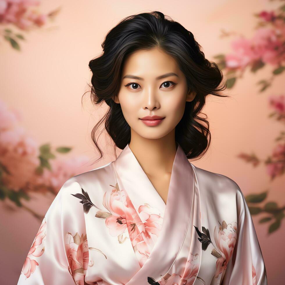 schön asiatisch Frau im Weiß Kleid mit Kirsche blühen ai generiert foto