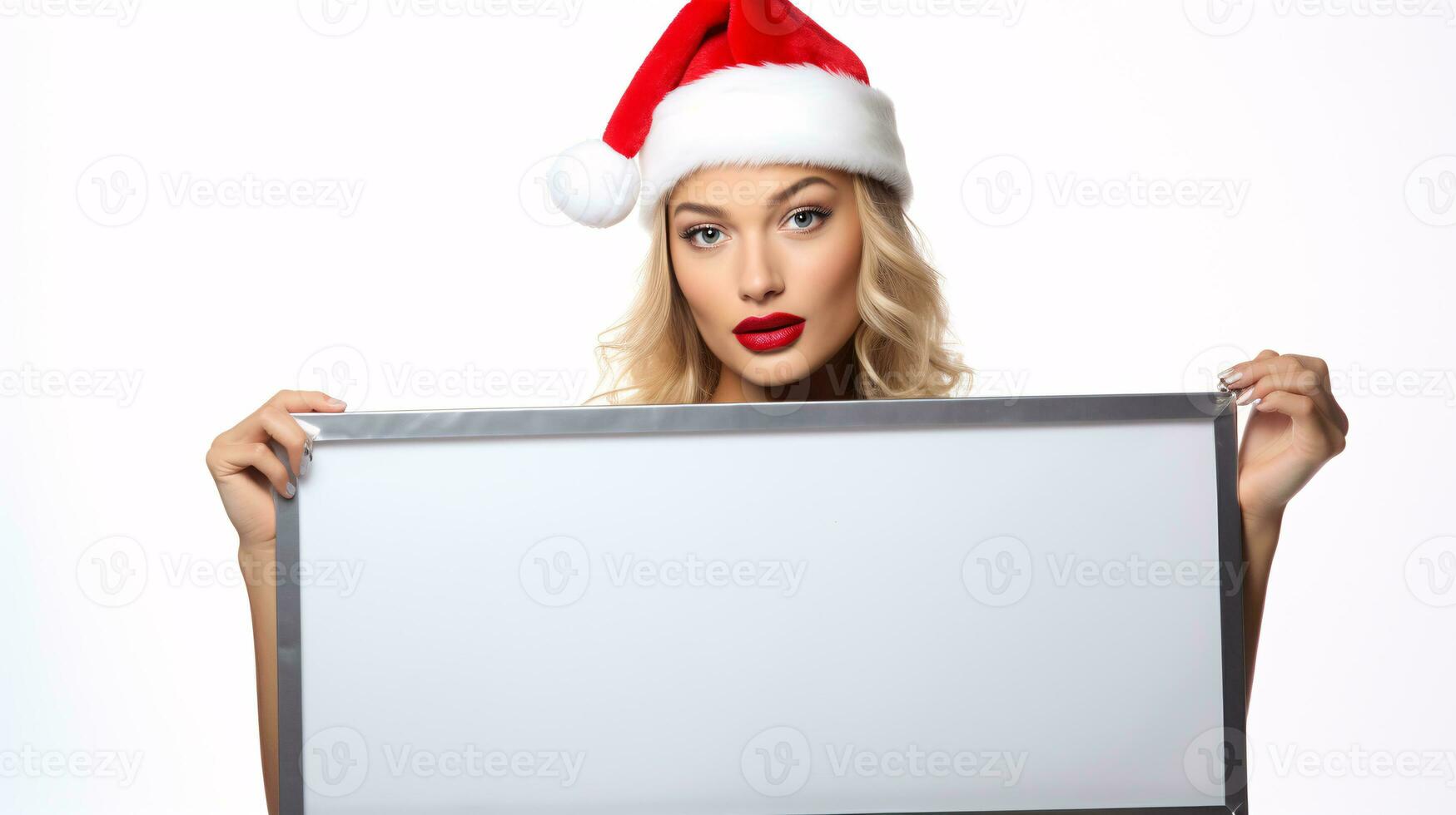 ai generiert weiblich Modell- im Weihnachten Hut, Rahmen halten ein leer Zeichen Kopieren Raum foto