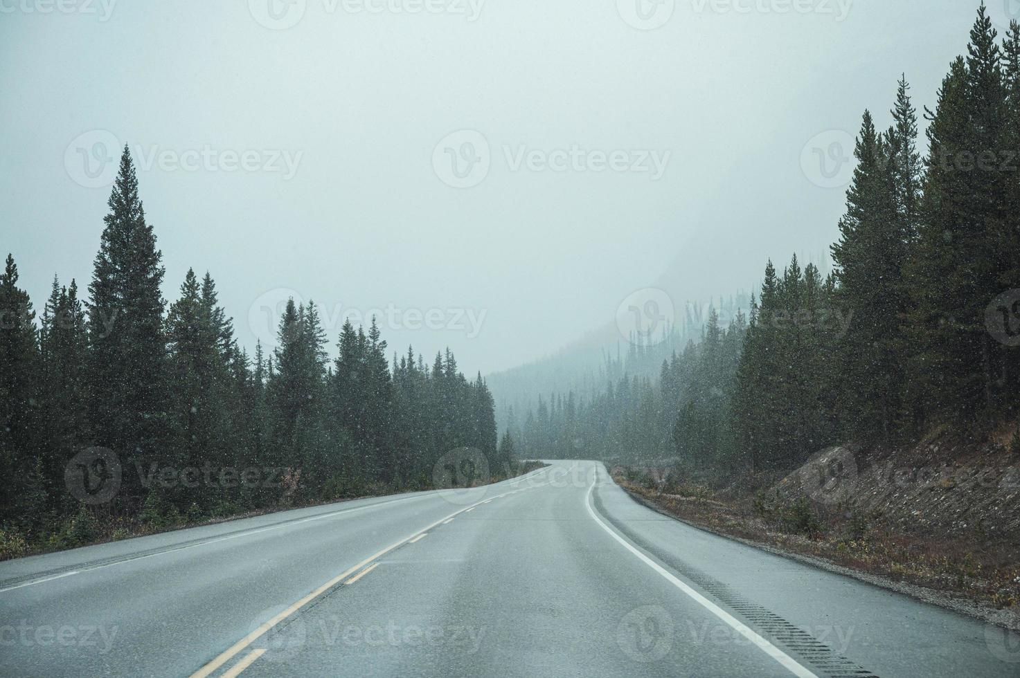 Autofahrt auf der Autobahn mit Schneesturm im Kiefernwald foto