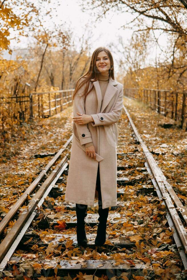 schön langhaarig Frau Spaziergänge durch das Herbst Straßen. Eisenbahn, Herbst, Frau im ein Mantel. foto
