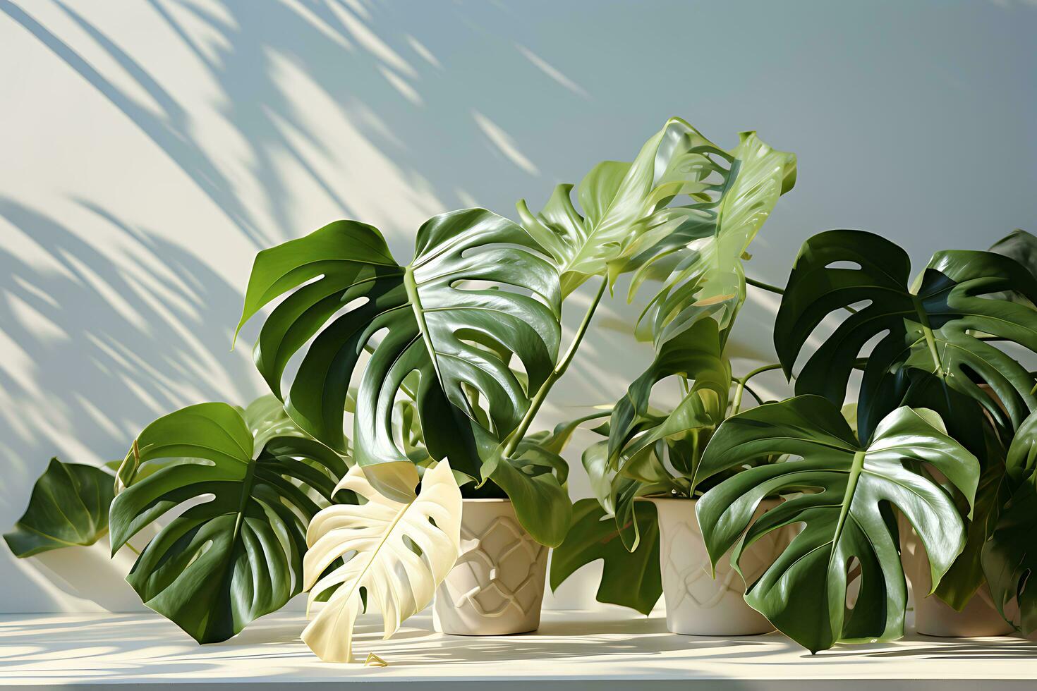 schließen oben von ein Monstera im ein Weiß Zimmer ai generiert foto