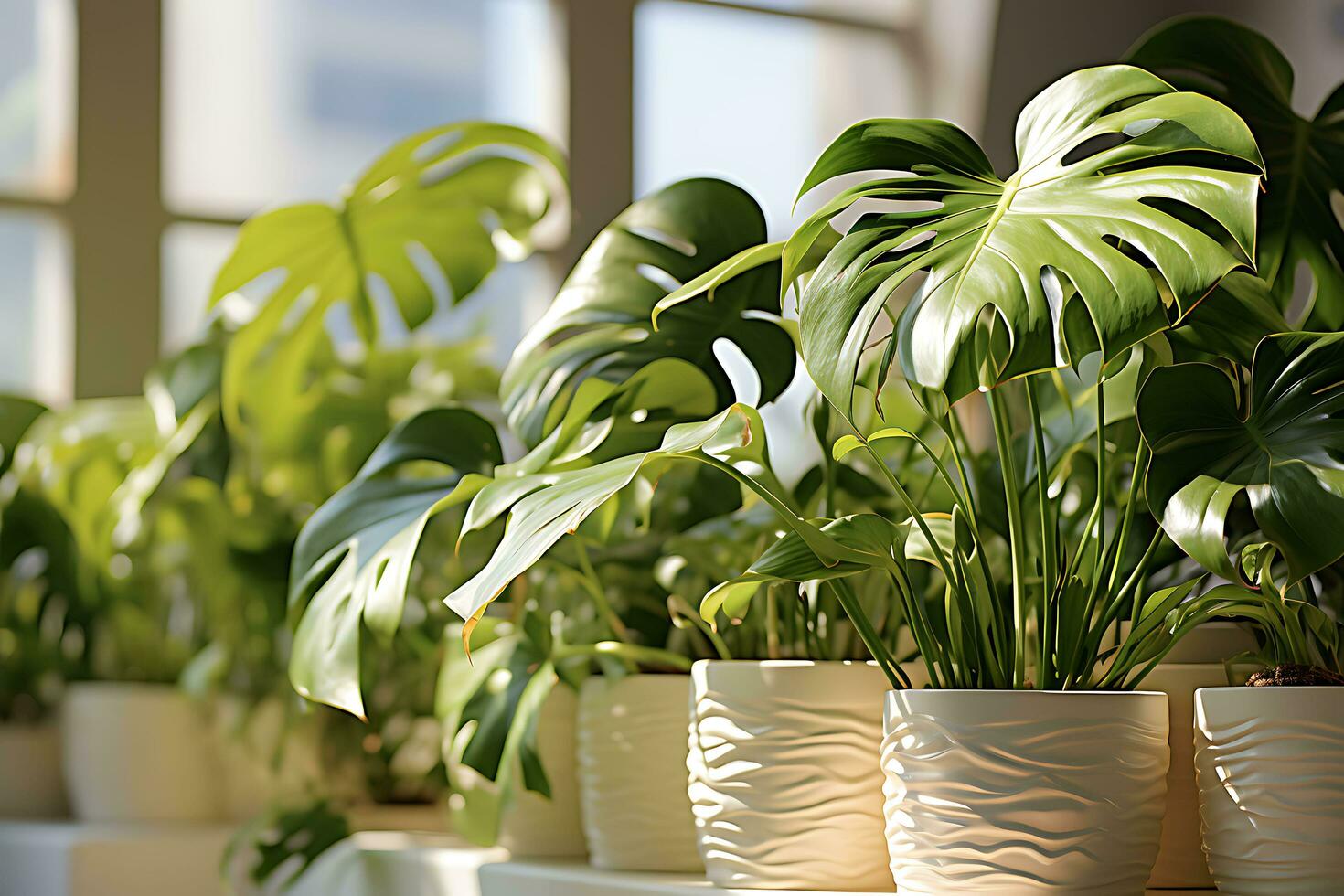 schließen oben von ein Monstera im ein Weiß Zimmer ai generiert foto