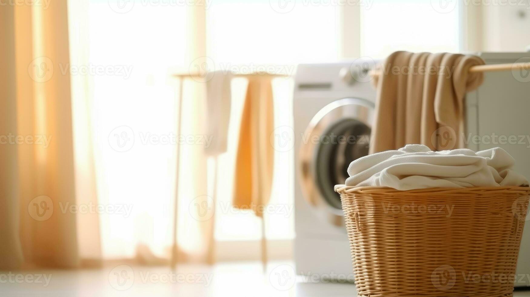 ai generiert Wäsche das Wesentliche - - Haushalt Hausarbeit mit ein Wäsche Korb und Waschen Maschine - - generativ ai foto