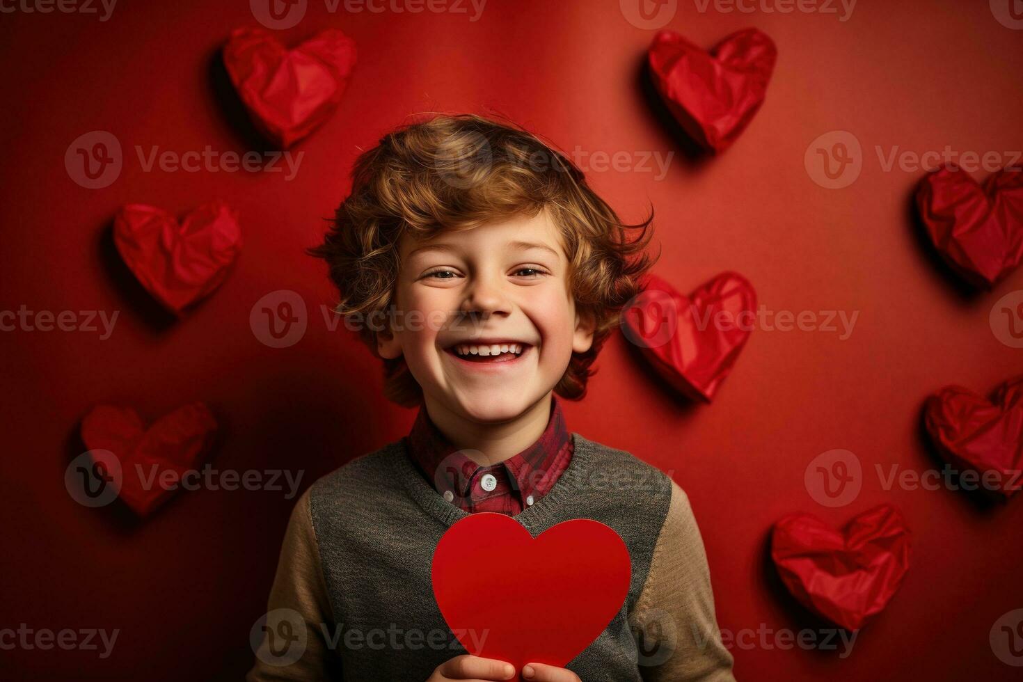 ai generiert glücklich wenig Junge mit rot Herzen auf Valentinstag Tag. foto