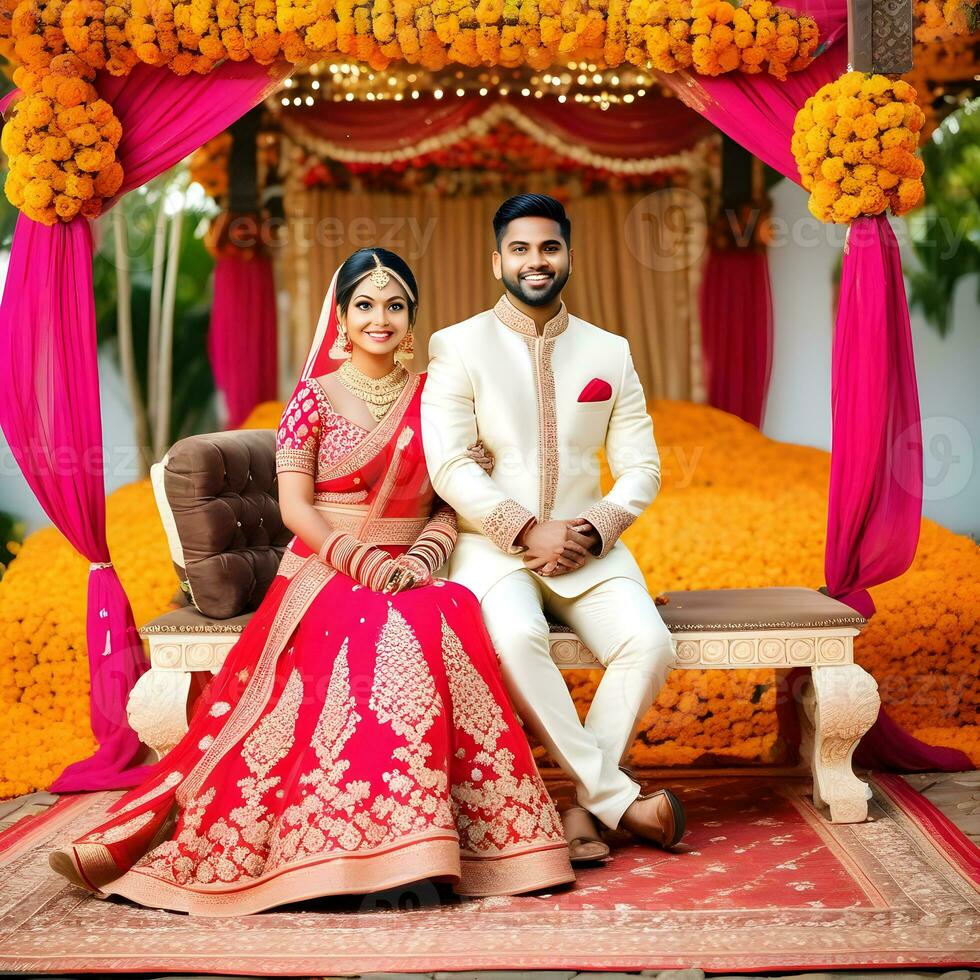 ai generiert indisch Bräutigam gekleidet im Weiß Sherwani und rot Hut mit atemberaubend Braut im rot Lehenga Stand und halt jeder Hände Gehen draußen foto