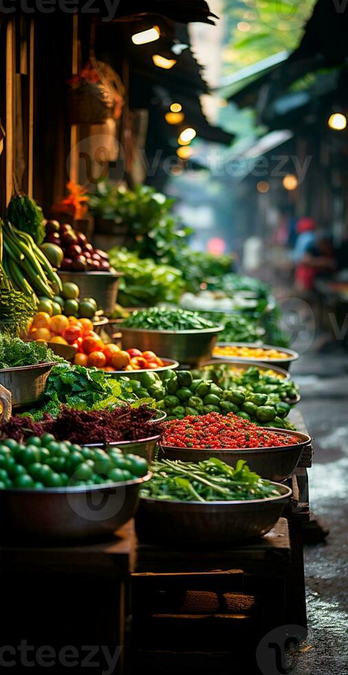 ai generiert asiatisch Essen Markt, frisch Gemüse und Früchte - - ai generiert Bild foto