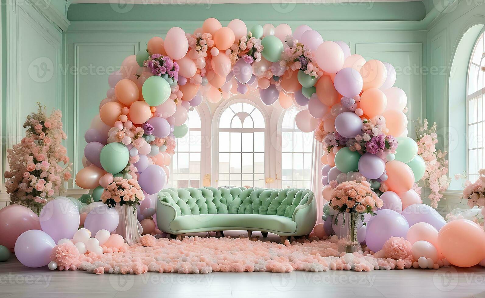 ai generiert ein Zimmer dekoriert mit enorm Luftballons Bogen. foto