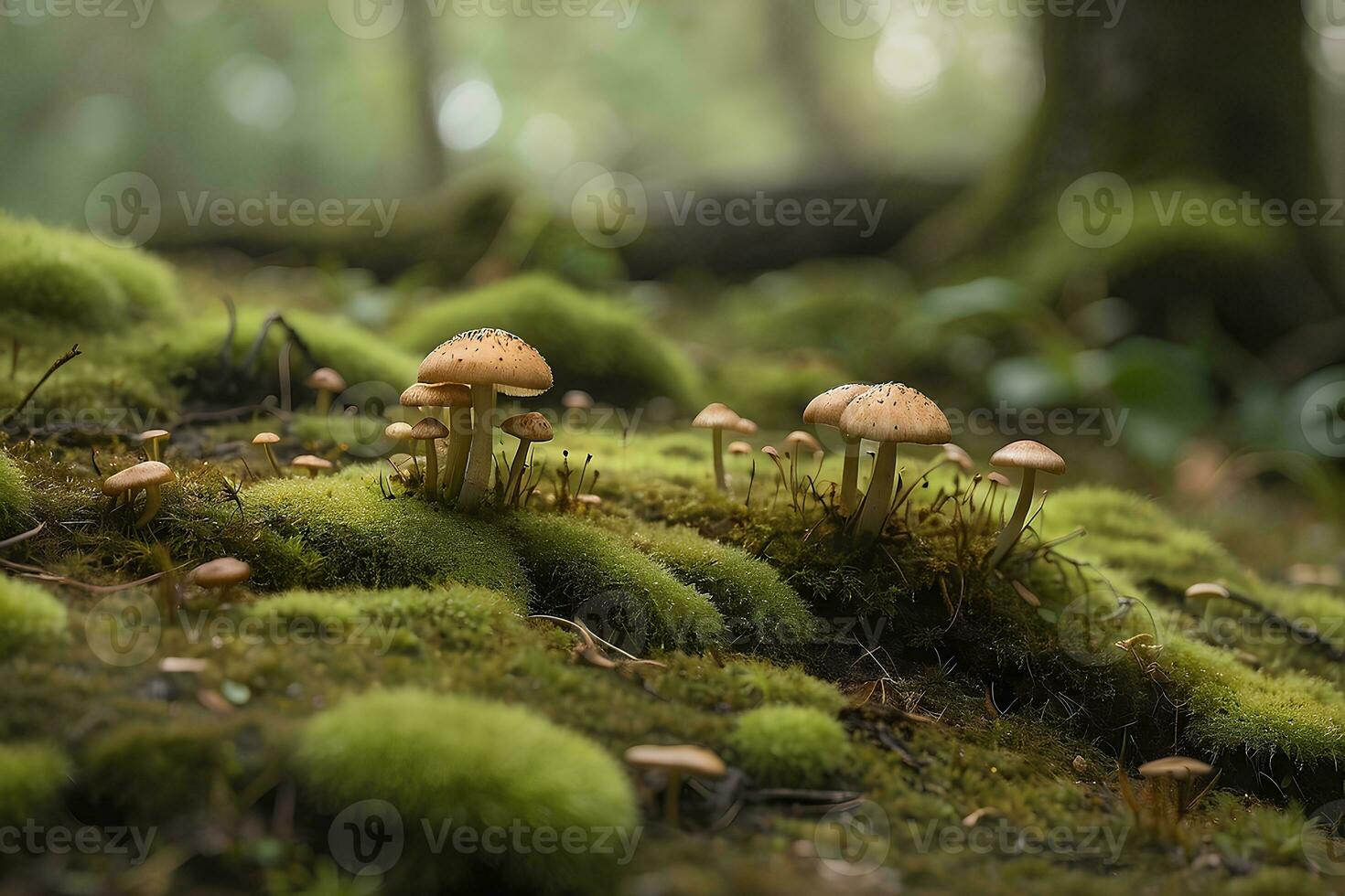 ein moosig Boden mit winzig Pilze im das Hintergrund. foto