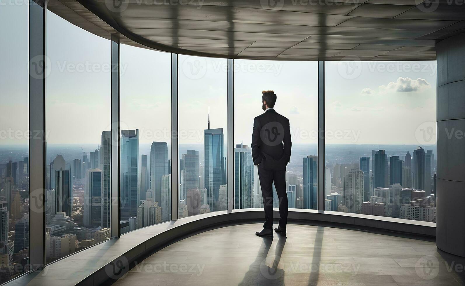 Geschäftsmann suchen beim Stadt von das Dach von ein modern Büro Gebäude. foto