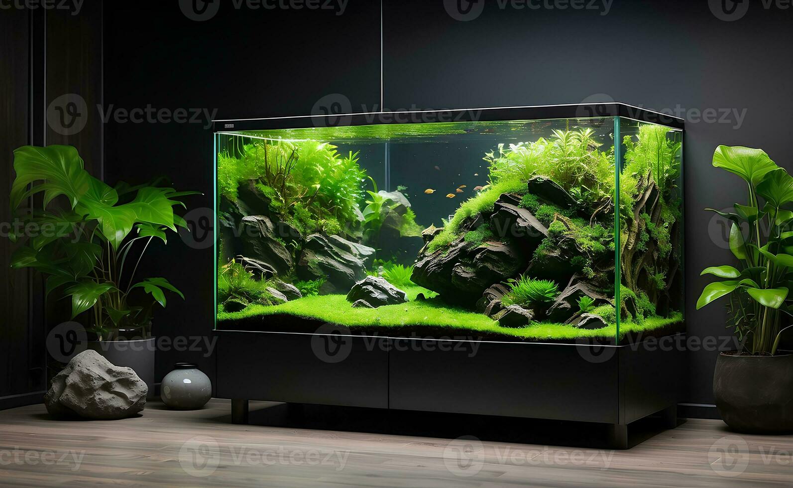 Natur Nano Aquarium mit zart Einzelheiten im Leben Zimmer. foto