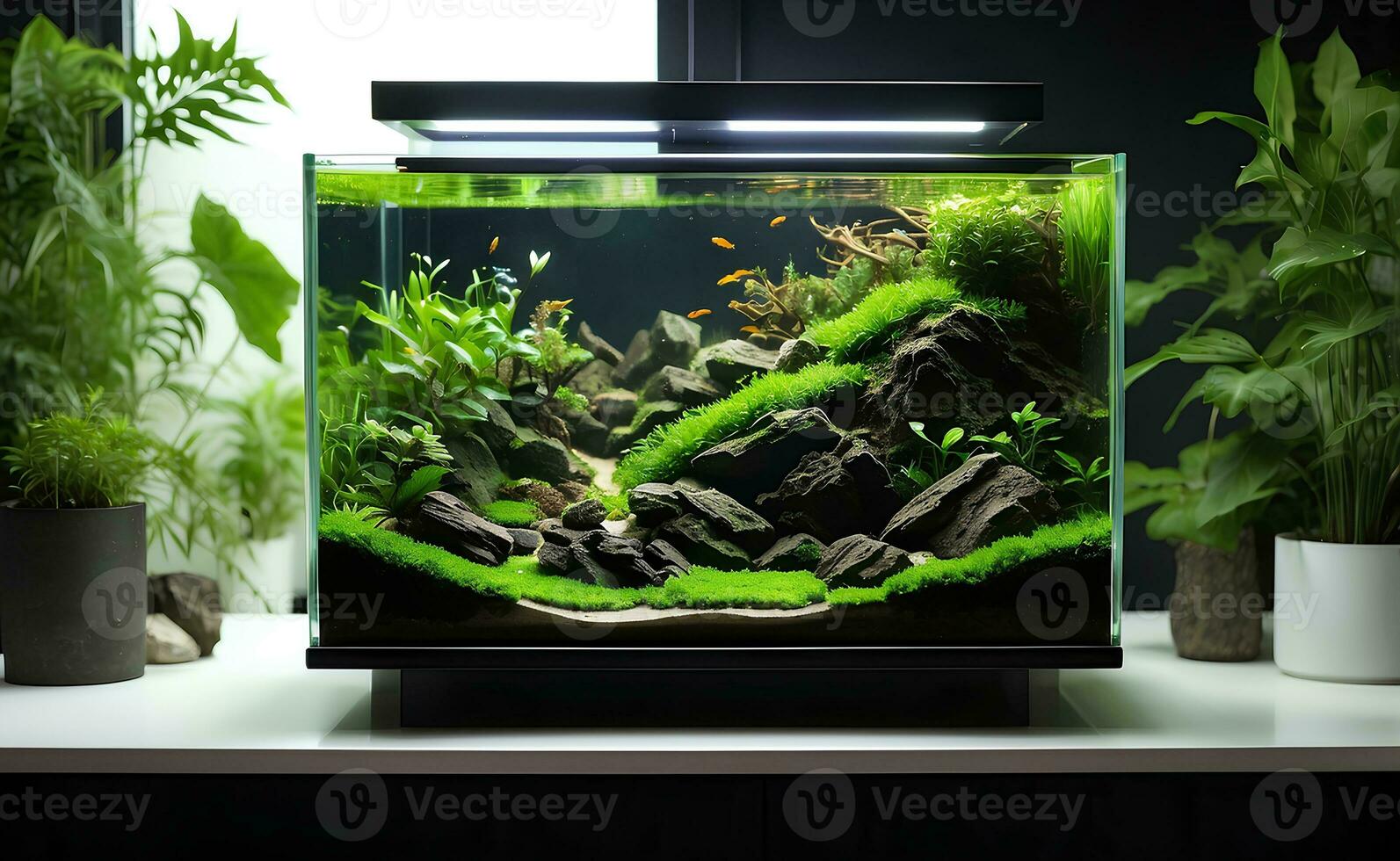 Natur Nano Aquarium mit zart Einzelheiten im Leben Zimmer. foto